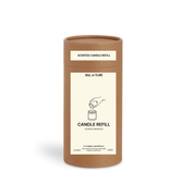 A brown cylindrical container labeled "SANDWAX Scented Candle Refill" by Hall of Flame features minimalist black text and illustration, with instructions and product details printed on a white label.