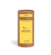 A cylindrical brown cardboard container labeled "The Bug-off! series | SANDWAX Scented Candle Refill" by Hall of Flame with citronella scent. The yellow label shows a black mosquito graphic and product details in black text.
